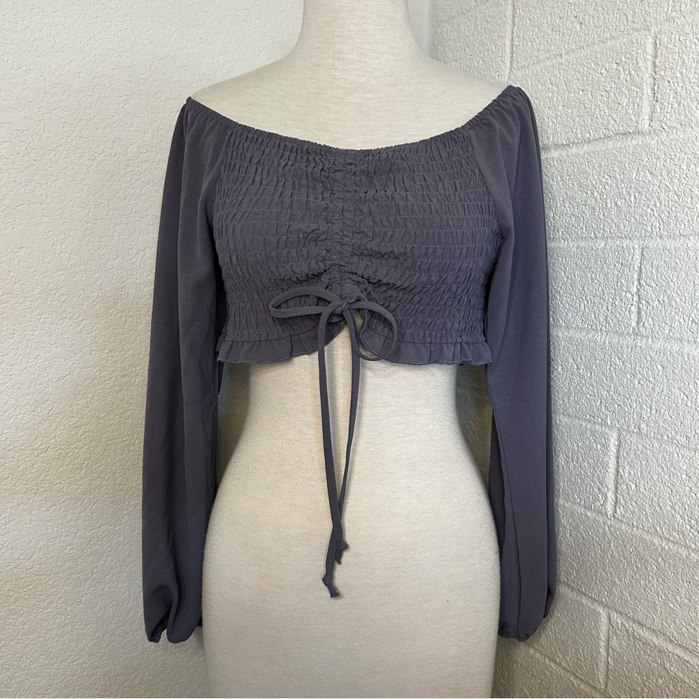 Off the Shoulder Purple Ruched Crop Top Front Bow Tie Lightweight Long Sleeve